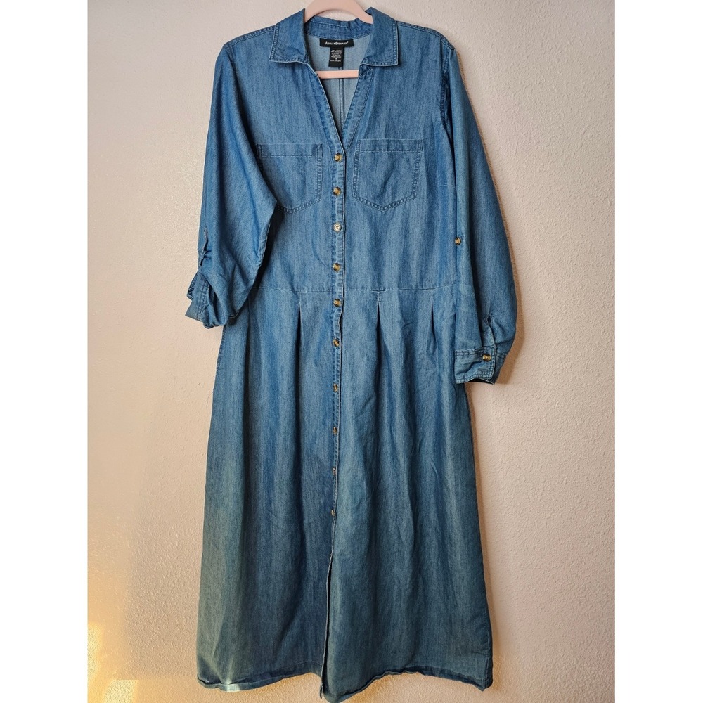 Ashley Stewart Chambray Denim Midi Shirt Dress Roll Tab Sleeve Size 14 Fall